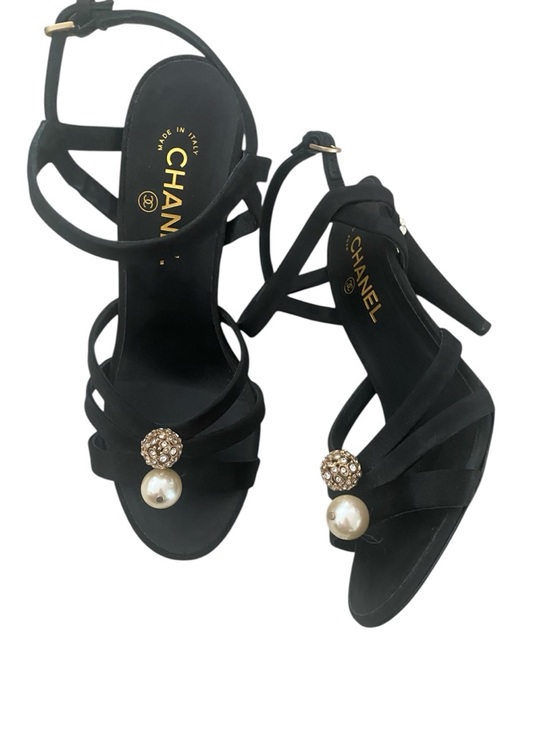 CHANEL Shoes - CHANEL Black Satin Strappy Heels with Pearl & Crystal Ornaments size 40